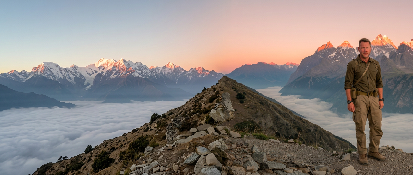 Greg standing at a mountain ridge above the clouds at sunrise