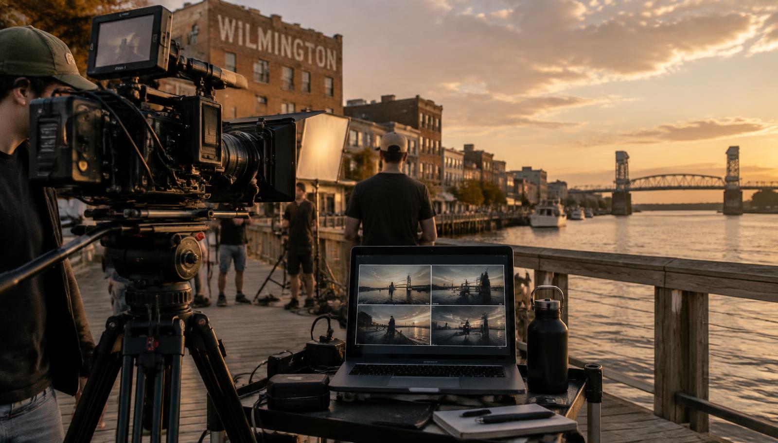 Film crew shooting at sunset on the Wilmington, North Carolina riverfront