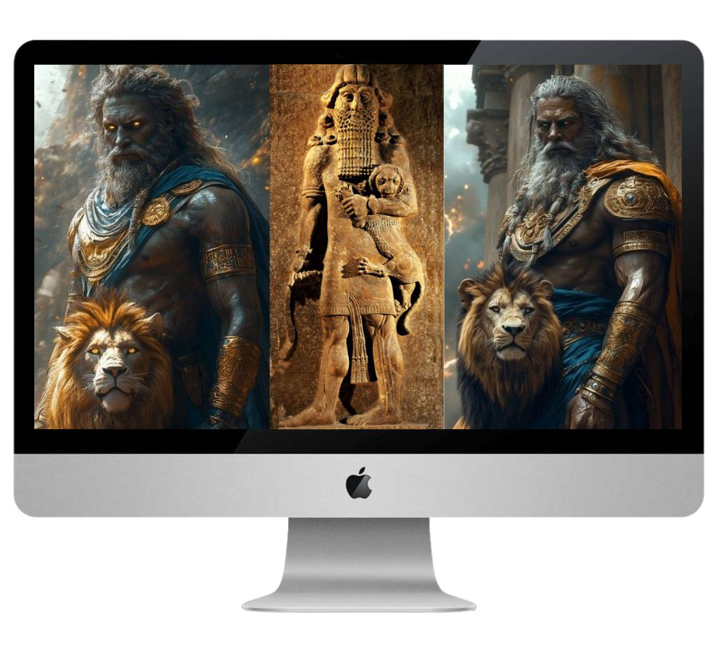 AI-generated lion-warrior god concept alongside ancient Mesopotamian artifact reference