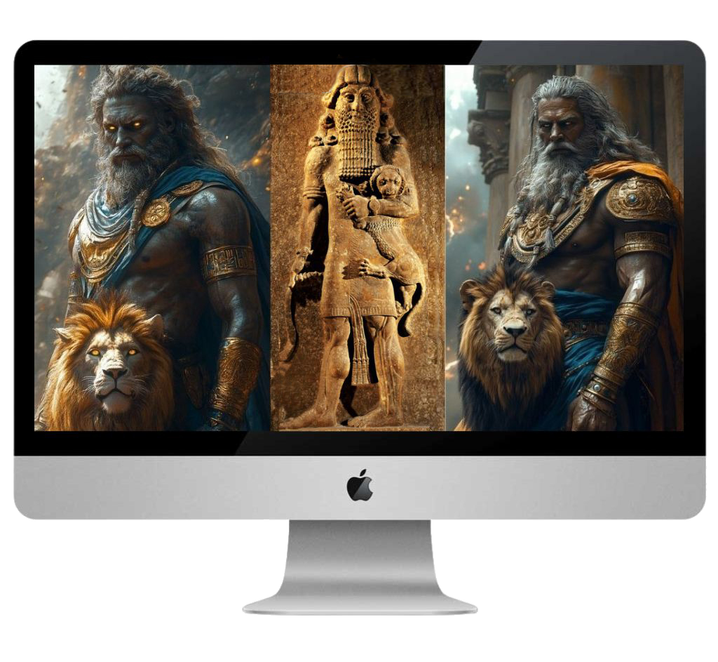 AI-generated lion-warrior god concept alongside ancient Mesopotamian artifact reference